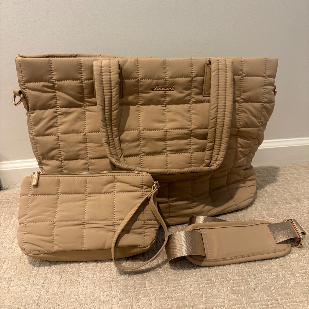 Lovevook Quilted Puffer Tote Bag Women Large Beige Laptop Travel Set Pouch NEW